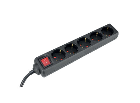 COMMEL Elosztó 5-dugaljas kapcs. 16A 250V  3500W , fekete; H05VV-F 3G1,5 / 5m (cikksz.: 232-526)
