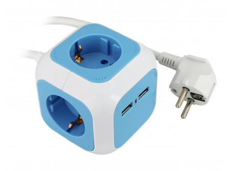 COMMEL Elosztó 4-dugaljas kocka "Cube" 4x2P+F 16A, 2xUSB 5V 2.1A; 1,4m (cikksz.:234-161)