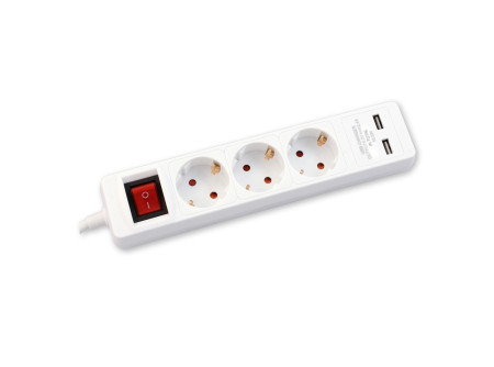 COMMEL Elosztó 3-dugaljas kapcs.+ 2xUSB, 16A 250V 3500W,fehér H05VV-F 3G1/1,4m (cikksz.: 234-401)