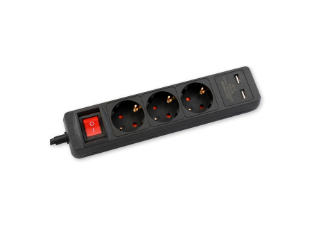 COMMEL Elosztó 3-dugaljas kapcs.+ 2xUSB, 16A 250V 3500W,fekete H05VV-F 3G1/1,4m(cikksz.: 234-411)