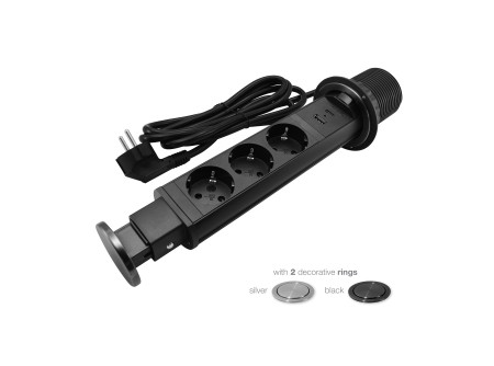 COMMEL Bútorba építhető elosztó 3x 16A 3680W, 1xUSB A+C, fekete+szürke gyűrű (cikksz.:235-121)