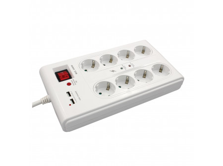 COMMEL Elosztó 8-dugaljas multi 16A,3500W túlfesz. + 2db USB; H05VV-F 3G1,5/3m (cikksz.: 380-107)