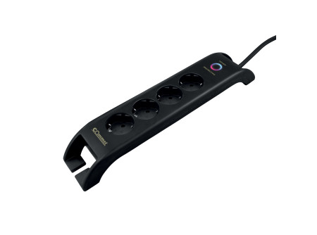COMMEL Elosztó 4-dugaljas+2xUSB-A 16A 3680W túlfesz. ; H05VV-F 3G1,5 / 2m, fek (cikksz.: 380-109)