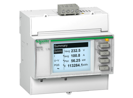Schneider METSEPM3255 - Teljesítménymérő I,In,U,V,PQS,E,PF,Hz,átlag, MODBUS, memória