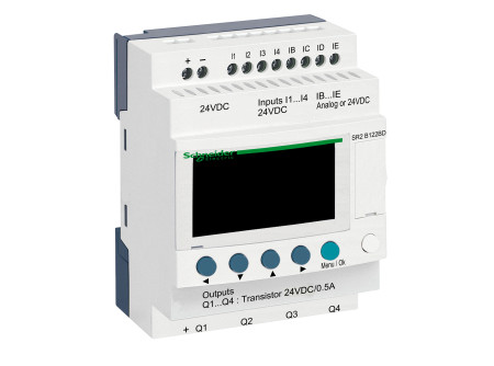 Schneider SR2B122BD - LCD kijelzős, 12 I/O, 4 analóg bemenet, tranzisztoros, óra, 24VDC