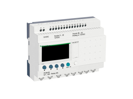 Schneider SR2B201JD - LCD kijelzős, 20 I/O, 8 analóg bemenet, relés, óra, 12VDC