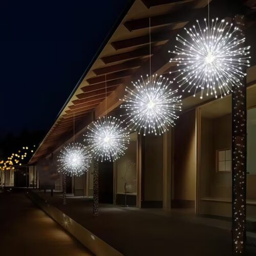 4 db Napelemes Függő Tűzijáték Fény, Napelemes Kültéri Csillagrobbanás Gömb Lámpa, 240-450 LED, 8 Mód, IP65 Vízálló Kert/Karácsony/Parti Díszítéshez (Meleg Fehér/Többszínű)
